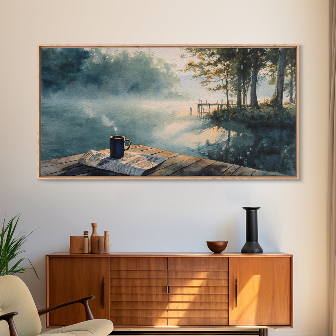 Morning Misty Lake With Coffee Cup Rustic Watercolor Painting Wall Art Framed Canvas Print