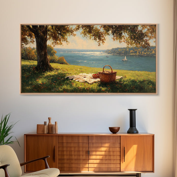 Sunlit Picnic Scene Overlooking Blue Lake With Sailboats Wall Art Framed Canvas Print Coastal Decor