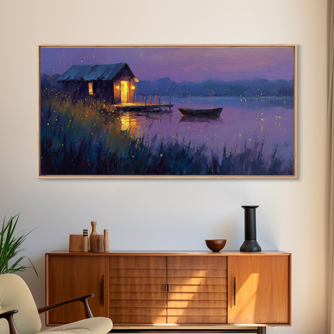 Romantic Evening Lakeside Cabin Oil Painting Wall Art With Fireflies Charming Landscape Decor