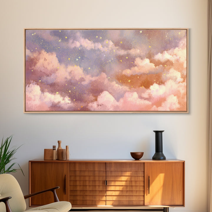 Pastel Celestial Clouds And Gold Stars Canvas Print, Dreamy Nursery Wall Art, Whimsical Decor, Bedroom Wall Decor, Gift For Her