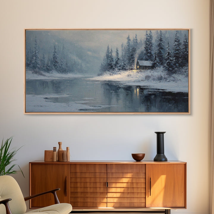 Cozy Cabin In Snow Winter Landscape Painting Oil On Canvas Framed Canvas Print For Home Decor