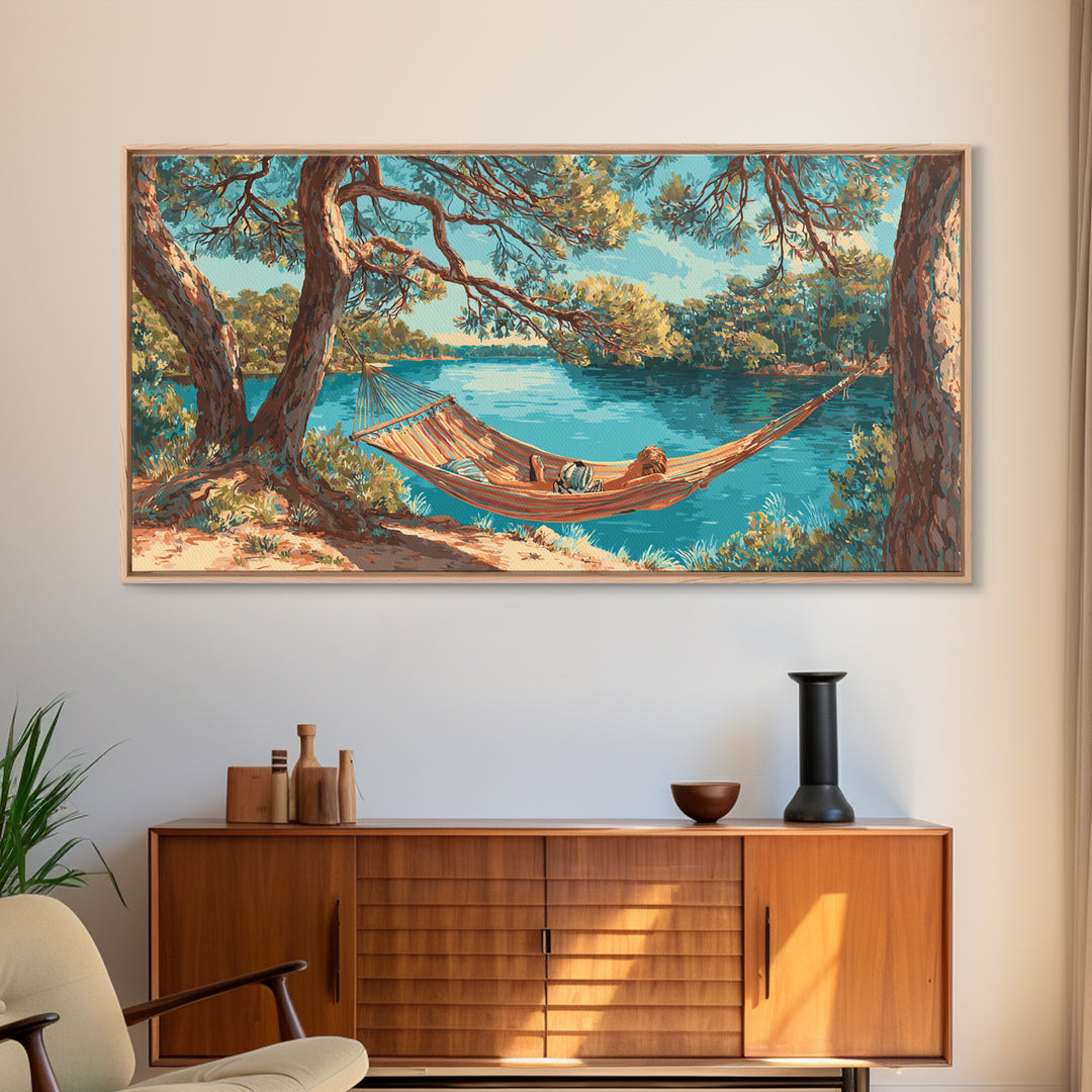 Relaxing Lake Scene With Hammock And Man Reading Wall Art Painting Canvas Print For Tranquil Bedroom Or Living Room Decor