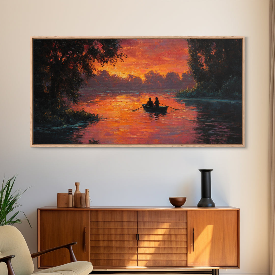 Romantic Couple In Rowboat At Fiery Sunset Lake Scene Oil Painting Wall Art Ideal For Cozy Bedroom Decor Or Rustic Living Room Framed Canvas Print