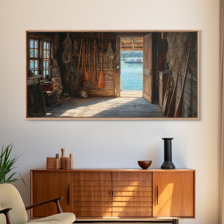 Rustic Fishing Shack Interior With Oars And Nets Oil Painting Wall Art For Coastal And Nautical Home Decor