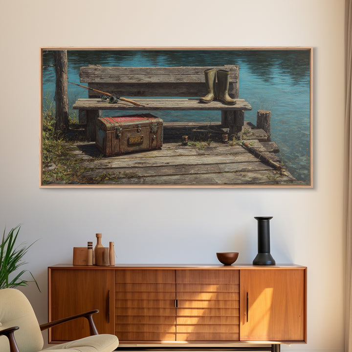 Rustic Fishing Dock With Boots And Rods Oil Painting Rustic Wall Art Framed Canvas Print For Cabin Decor And Nature Lovers