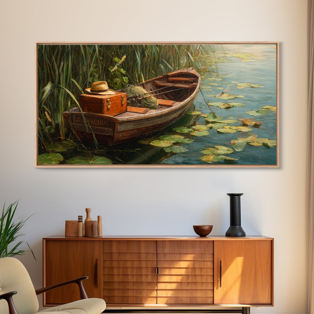 Rustic Lake Sunset Landscape With Adirondack Chairs Oil Painting Framed Canvas Print Wall Art