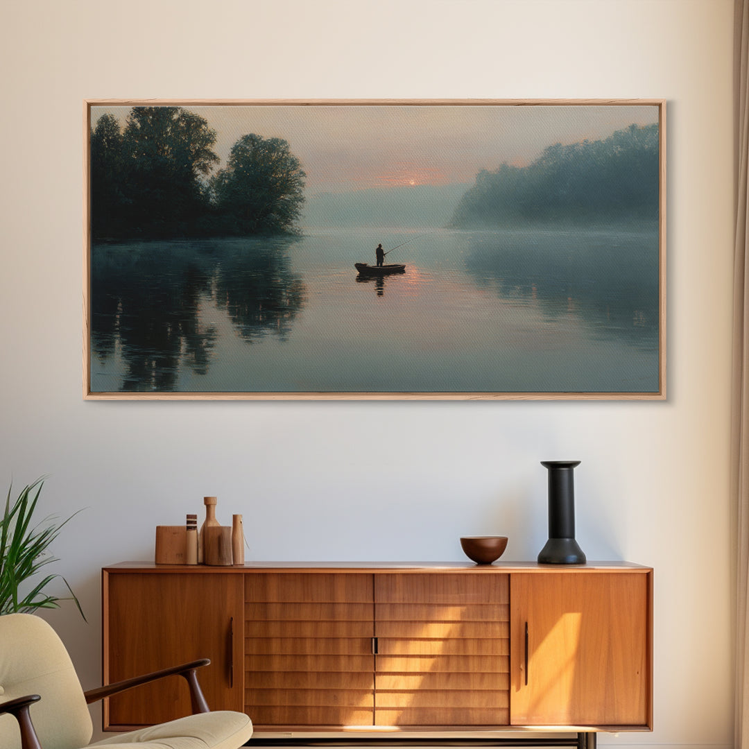 Serene Fisherman In Early Morning Mist Over Glassy River Original Oil Painting Wall Art For Living Room Decor