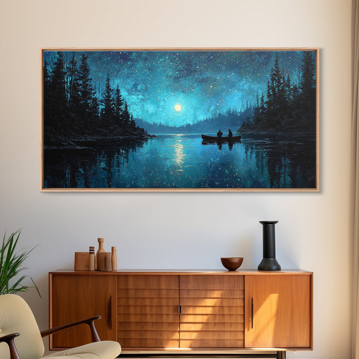 Starry Night Landscape With Canoeists On A Moonlit Lake Original Oil Painting Wall Art