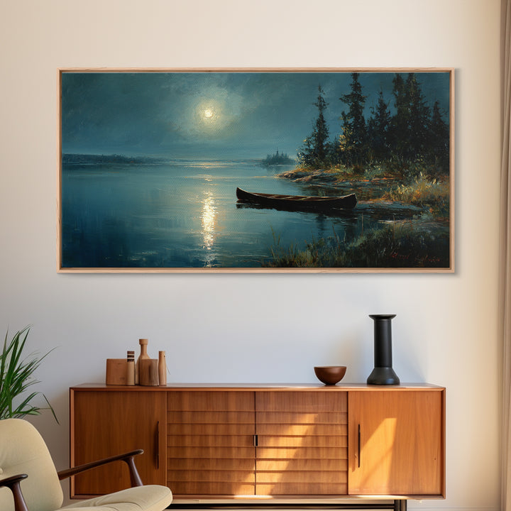 Calm Moonlit Lake Scene With Canoe And Forest Landscape Original Painting Wall Art Canvas Print Home Decor