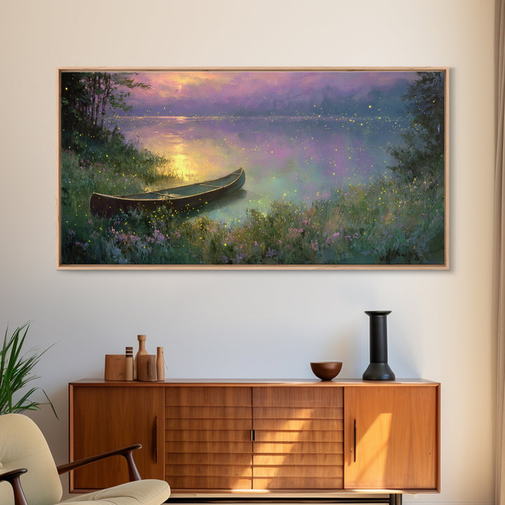 Serene Canoe On Misty Lake With Fireflies At Twilight Framed Canvas Print Tranquil Landscape Wall Art