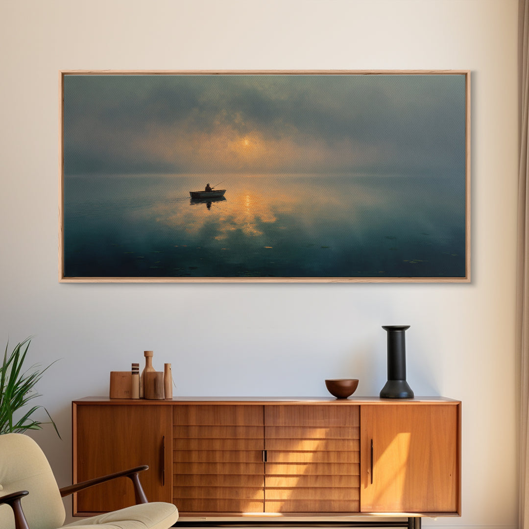 Upbeat Meditation Scene At Sunset With Person Silhouetted Over Ocean Calm Wall Art