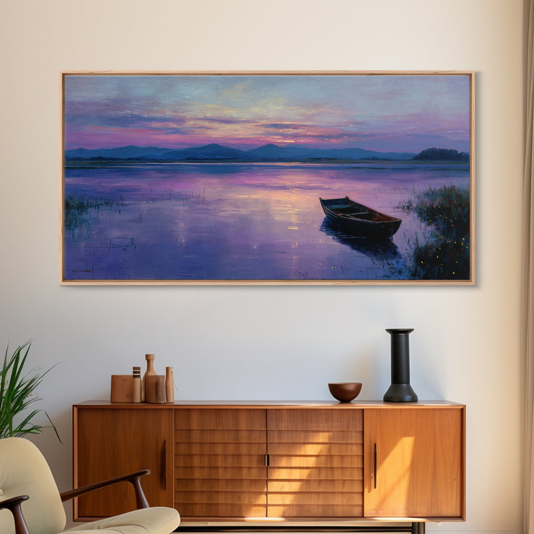 Peaceful Sunrise With Boat On Calm Lake Landscape Painting Large Wall Art For Living Room