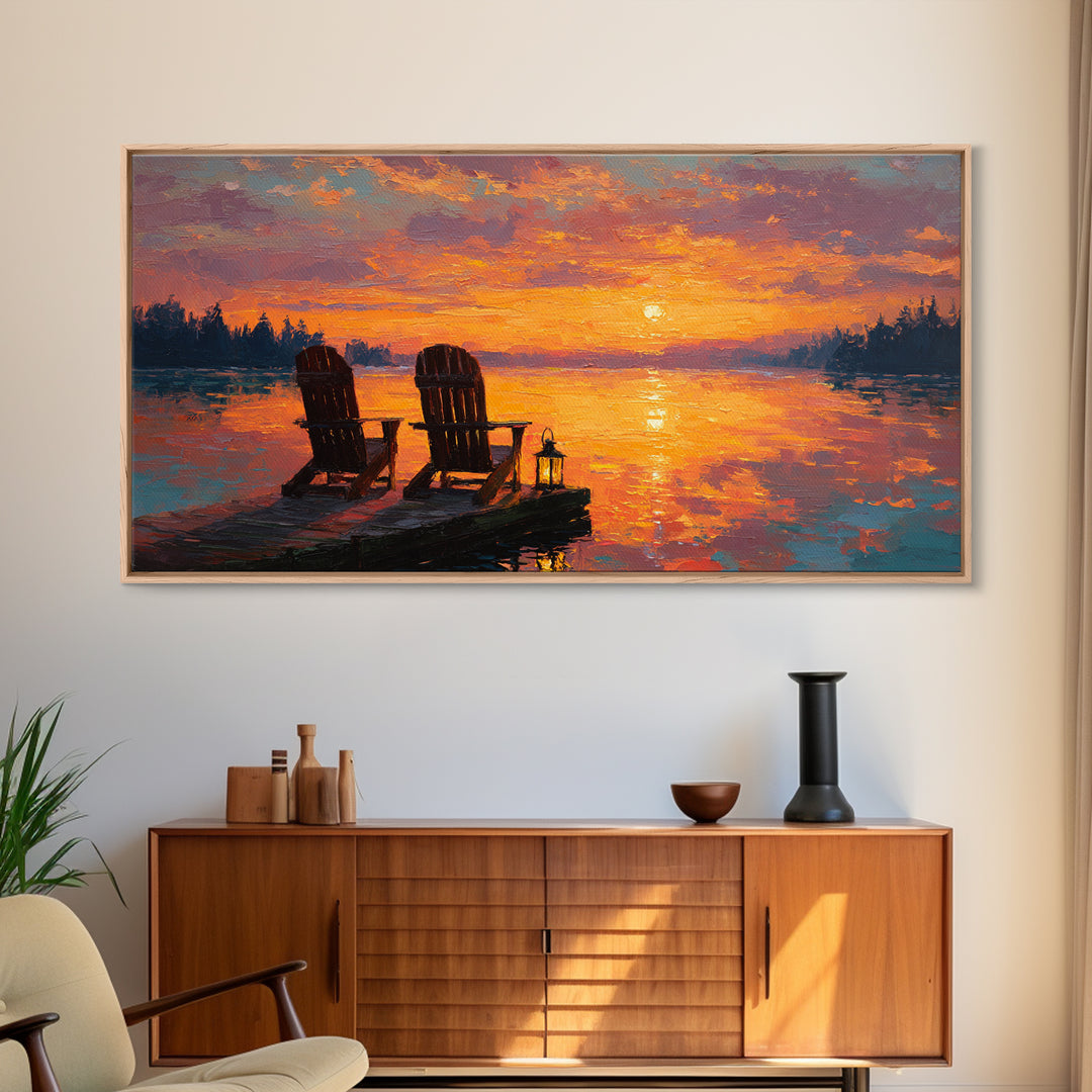 Warm Glowing Sunset With Adirondack Chairs On Lake Dock Tranquil Landscape Oil Painting Wall Art Framed Canvas Print For Cozy Home Decor