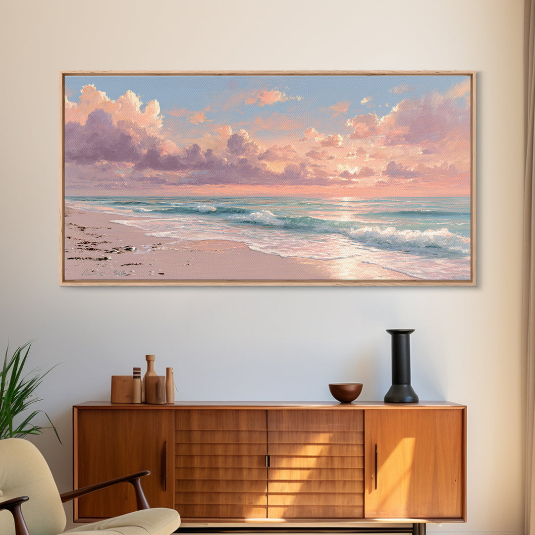 Pink Cloud Beach Sunrise Framed Canvas Print, Coastal Wall Art, Ocean Waves Seascape, Beach House Decor, Living Room Decor