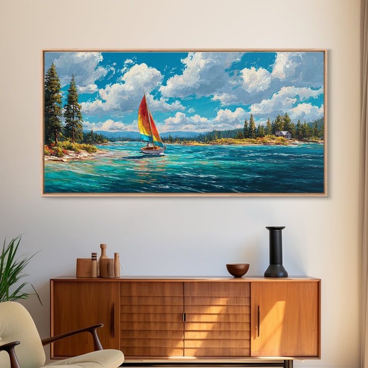 Vibrant Abstract Coastal Scene Sailing Boat Oil Painting Canvas Print Wall Art Beach Home Decor Large Wall Art Bright Wall Decoration