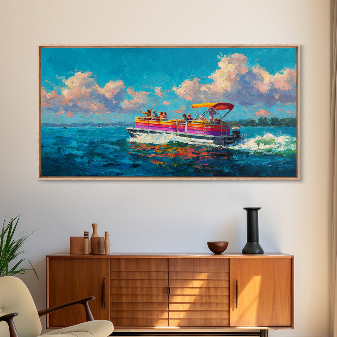 Vibrant Party Boat At Sea With Cheerful Passengers At Sunset Wall Art Framed Canvas Print Bright Colorful Coastal Decor