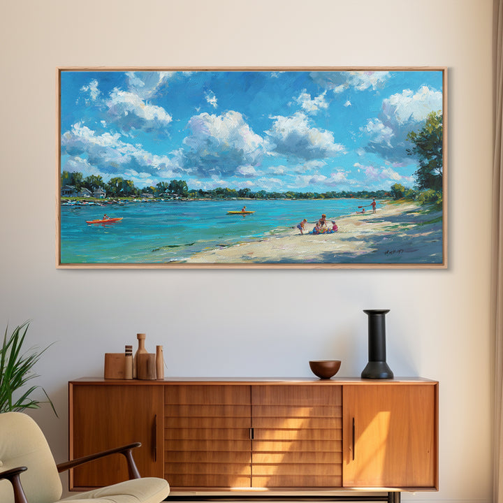 Beautiful Vibrant Oil Painting Of Lake Scene With Kayakers And Blue Sky Canvas Print Large Wall Art Home Decor Living Room Wall Art