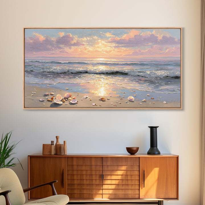 Glowing Seashell Ocean Sunrise Canvas Print, Coastal Wall Art, Beach House Decor, Nautical Seascape, Gift For Her, Living Room Art
