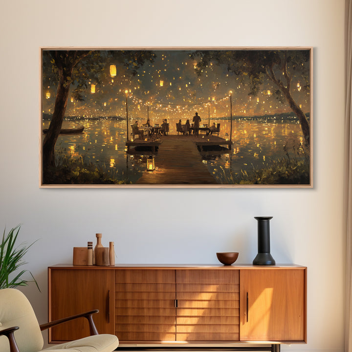Romantic Evening Dinner On Lake Pier With Lanterns Glowing Warm Light Canvas Print Home Decor Wall Art