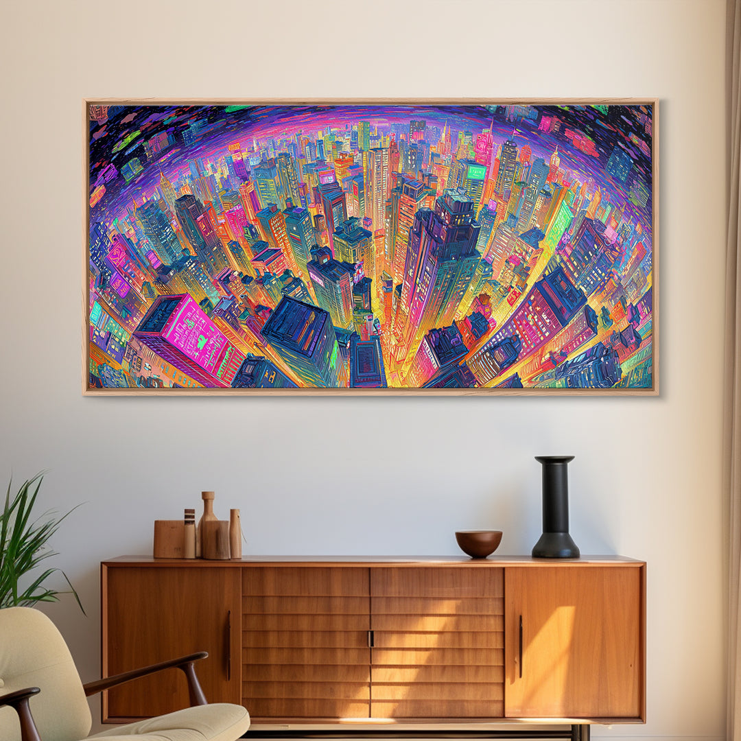 Vibrant Cityscape At Night With Neon Lights Wall Art Framed Canvas Print Modern Urban Wall Decor