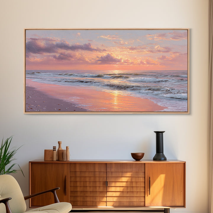 Pink Sunset Ocean Waves Wall Art, Romantic Coastal Decor, Beach House Seascape Canvas, Large Living Room Wall Art, Gift For Her