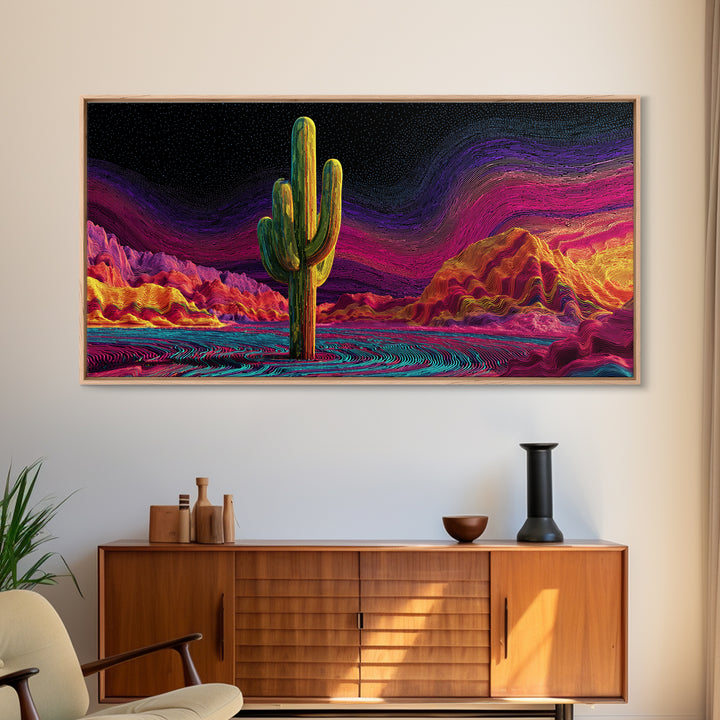 Surreal Abstract Cactus Landscape With Neon Colorful Sky And Textured Brushstrokes Canvas Print Modern Wall Art For Living Room
