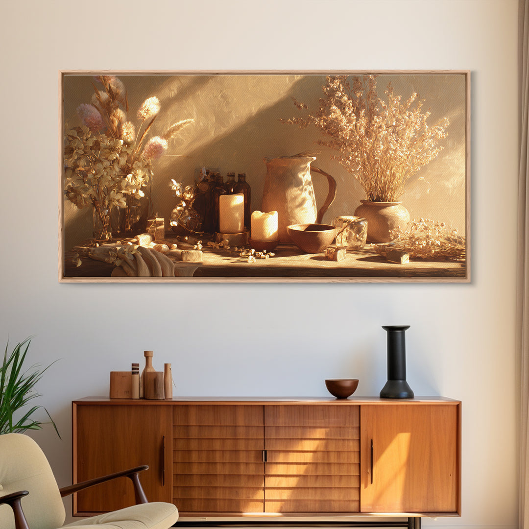 Golden Candle Dried Flower Still Life Wall Art, Neutral Wabi Sabi Decor, Rustic Home Decor, Cozy Framed Canvas Print, Gift