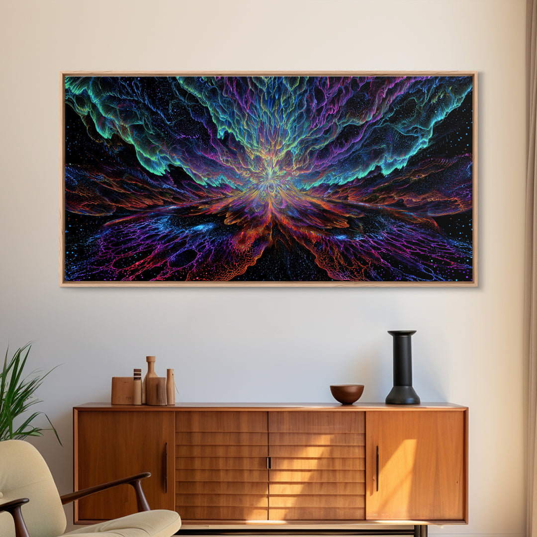 Mystic Neon Landscape With Glowing Pink Sun And Linear Mountains Canvas Print Retro Futuristic Wall Art Digital Decor For Office