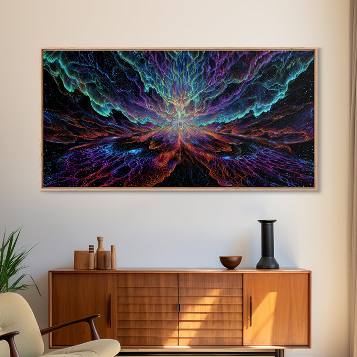 Mystic Neon Landscape With Glowing Pink Sun And Linear Mountains Canvas Print Retro Futuristic Wall Art Digital Decor For Office