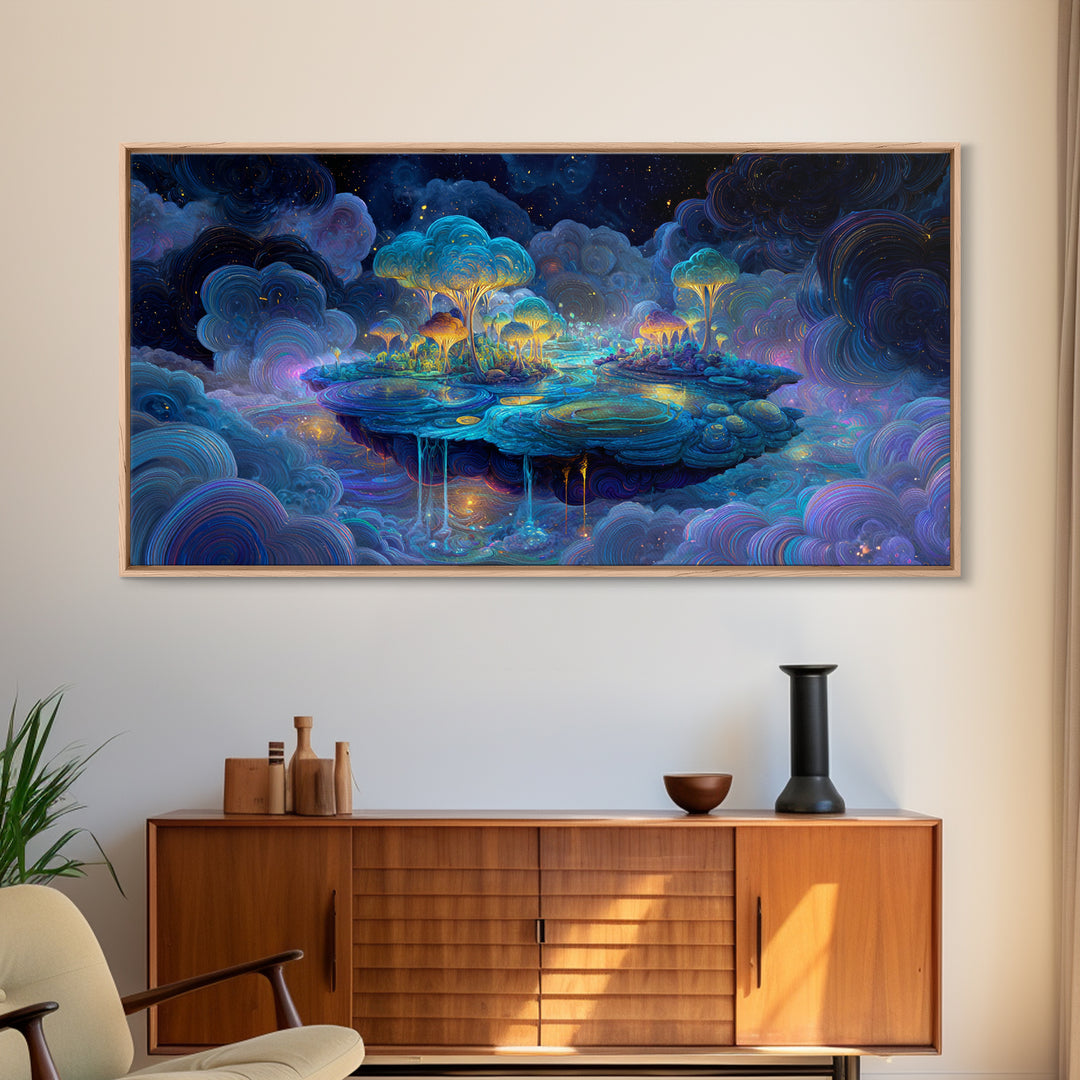 Vibrant Purple Night Bridge With City Lights Reflected On Water Large Wall Art Framed Canvas Print Modern Urban Home Decor