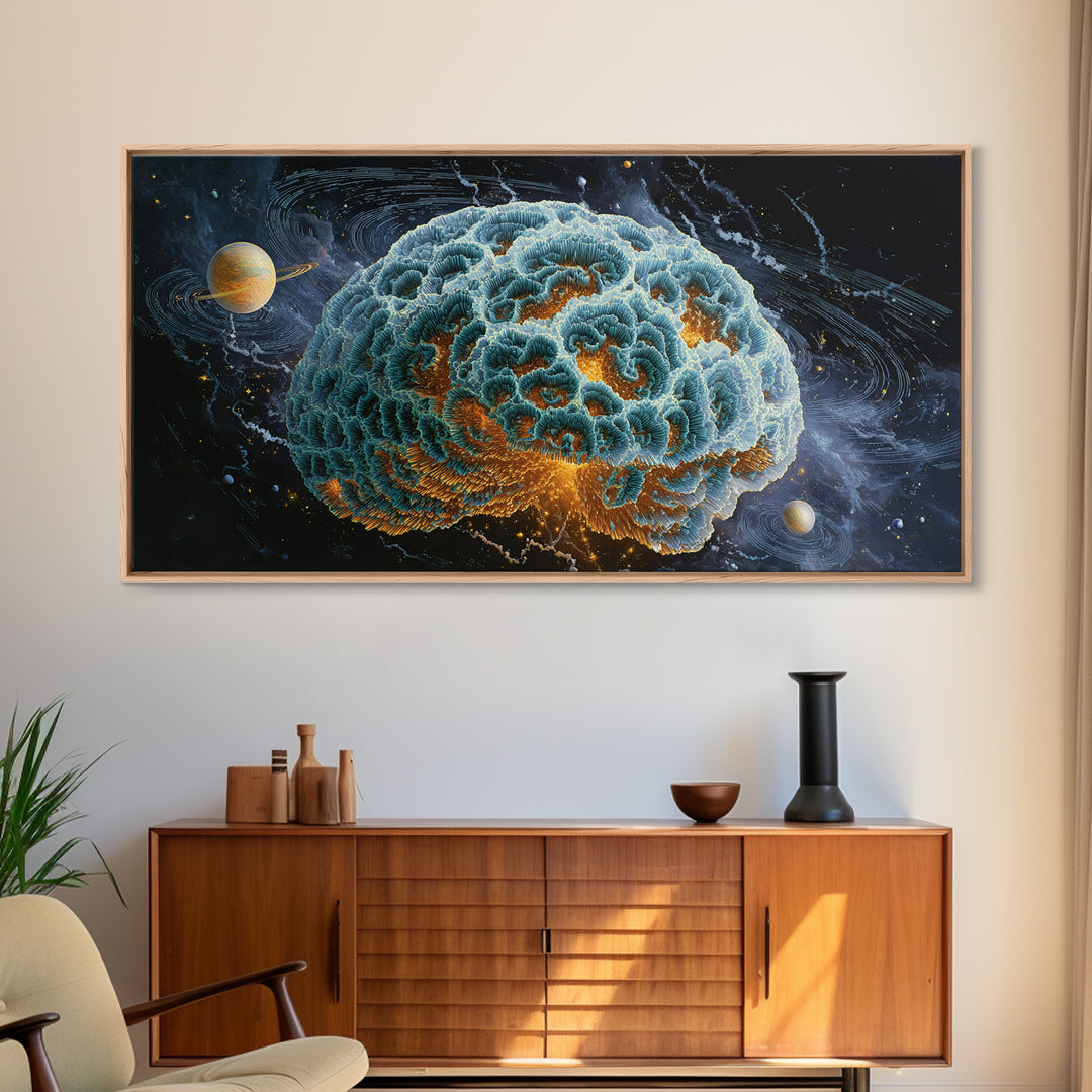 Surreal Cosmic Brain With Orbiting Planets And Vibrant Details Abstract Digital Wall Art Framed Canvas Print For Modern Home Decor