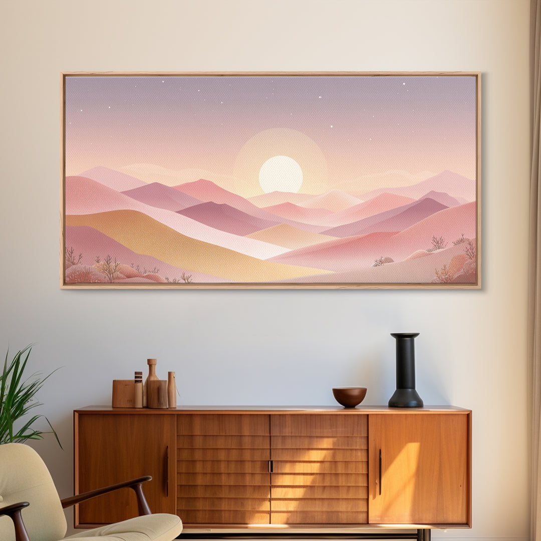 Pastel Layered Mountain Sunrise Wall Art, Minimalist Landscape, Pink Boho Decor, Nursery Art Print, Modern Home Decor Gift