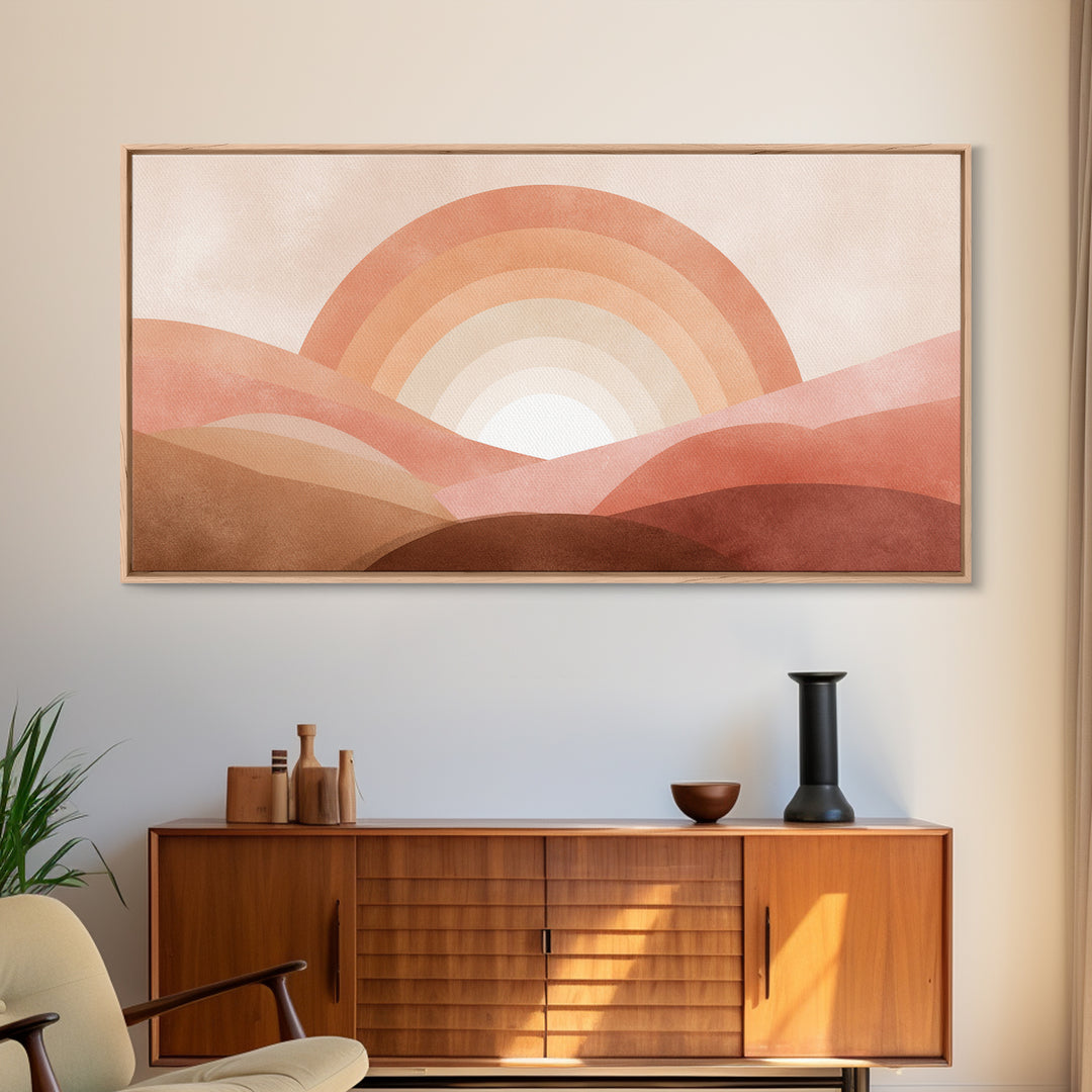 Terracotta Sunrise Over Abstract Desert Hills Wall Art, Boho Rainbow Landscape Print, Earth Tone Decor, Warm Minimalist Canvas