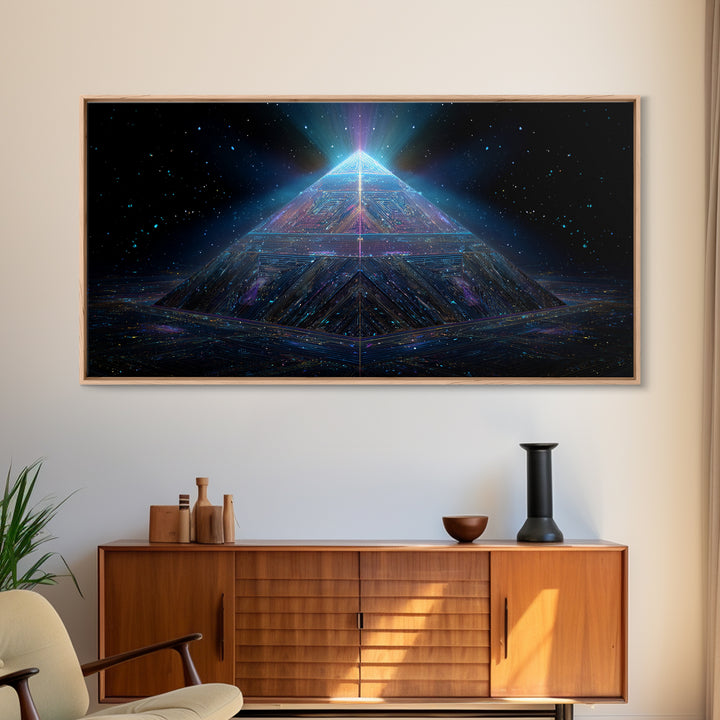Cosmic Meditation Silhouette With Radiant Colorful Energy Aura Framed Canvas Print Spiritual Wall Art