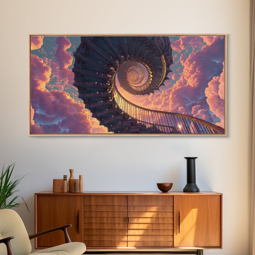 Surreal Spiral Staircase To Sunset Sky With Warm Clouds Canvas Print Dreamy Wall Art For Home Decor