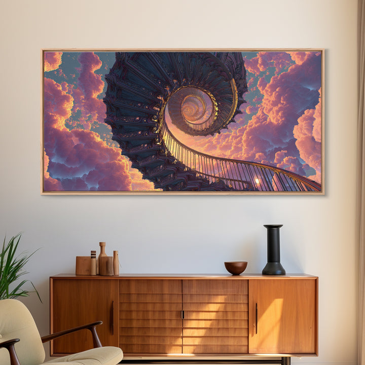 Surreal Spiral Staircase To Sunset Sky With Warm Clouds Canvas Print Dreamy Wall Art For Home Decor