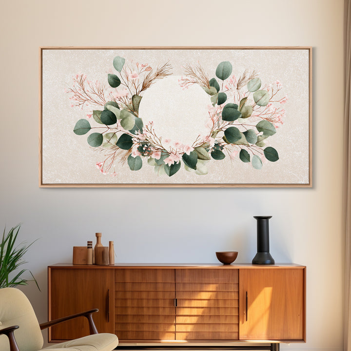 Eucalyptus Floral Wreath Wall Art, Botanical Greenery Print, Neutral Boho Home Decor, Living Room Above Bed Horizontal Canvas