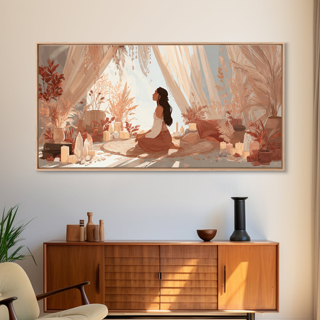 Sunlit Boho Meditation Room With Woman And Crystals Canvas Print, Spiritual Yoga Decor, Serene Feminine Wall Art Gift For Her