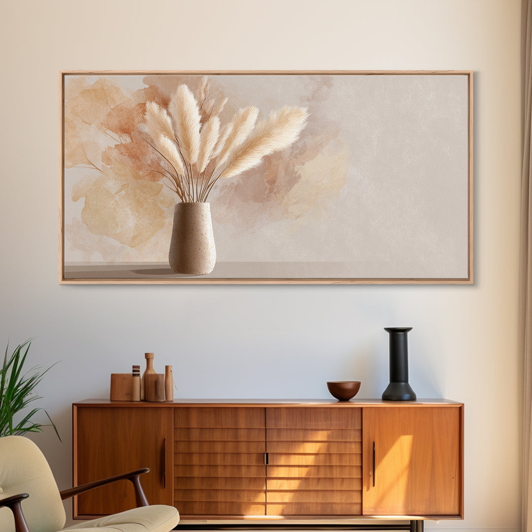 Neutral Pampas Grass Vase With Soft Beige Abstract Canvas Print, Minimalist Botanical Wall Art, Cozy Japandi Home Decor Print