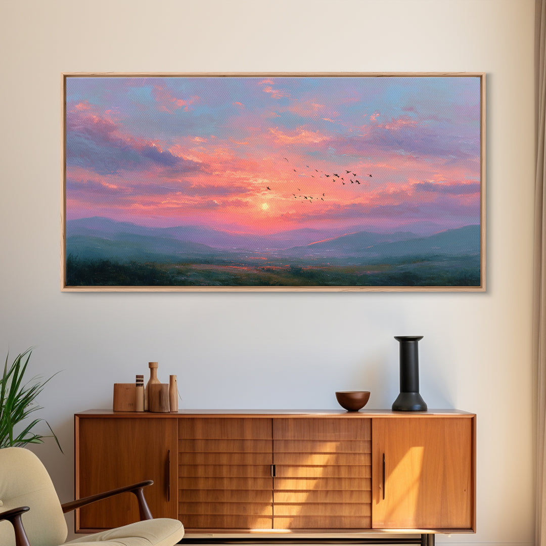 Pink Sunset Mountain Valley Landscape Canvas Print, Misty Nature Wall Art, Large Living Room Decor, Peaceful Housewarming Gift