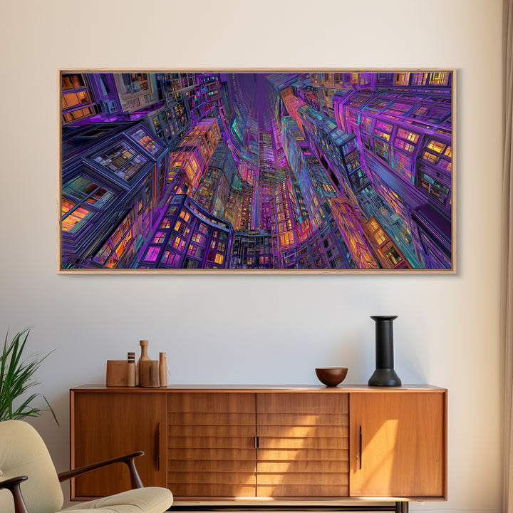 Vibrant Neon Cityscape With Tall Skyscrapers Artistic Wall Art Print, Colorful Urban Home Decor, Modern Framed Canvas Print