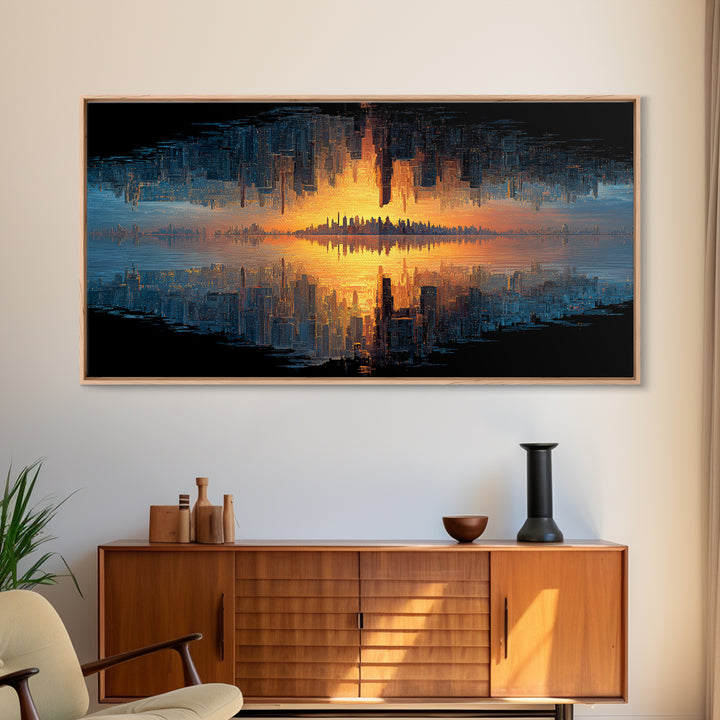 Abstract Cityscape Digital Painting Featuring Inverted Skyline And Sunset Reflection, Canvas Print For Modern Wall Art And Home Decor