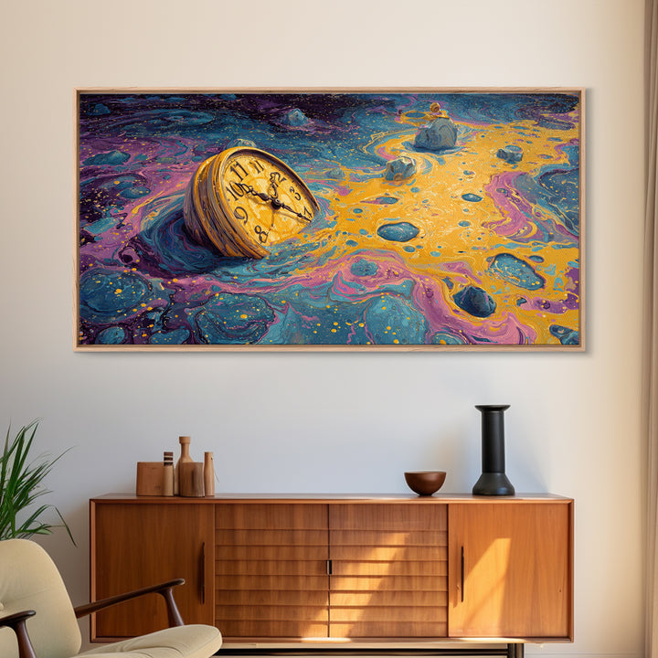 Surreal Abstract Time Melting Clock In Vibrant Blue And Gold Swirling Colors Contemporary Wall Art Printed Canvas Print