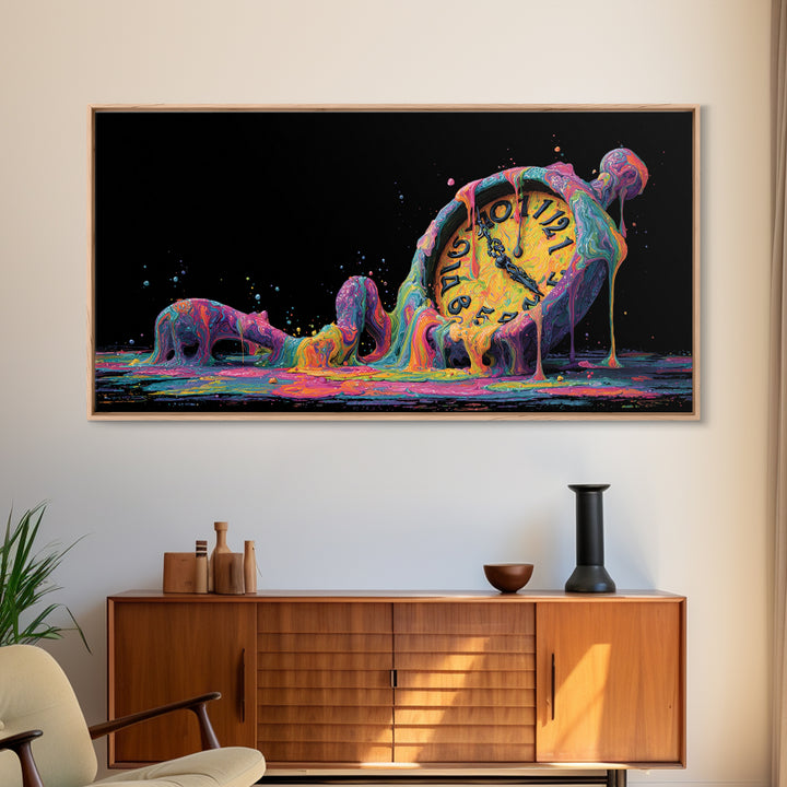 Melting Colorful Clock Surreal Wall Art Framed Canvas Print Abstract Art Home Decor Unique Gift