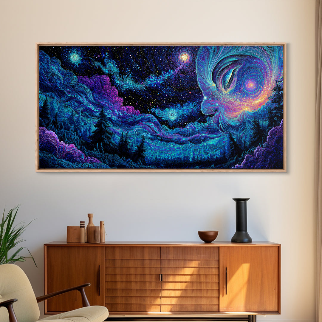 Enchanting Cosmic Blue Night Sky With Celestial Woman Figure Painting, Mystical Wall Art, Canvas Print For Spiritual and Meditation Decor