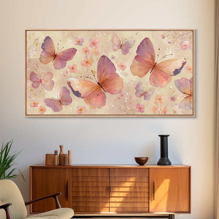 Blush Pink Butterflies And Tiny Flowers Wall Art, Pastel Canvas Print, Whimsical Nursery Bedroom Decor, Feminine Gift For Her