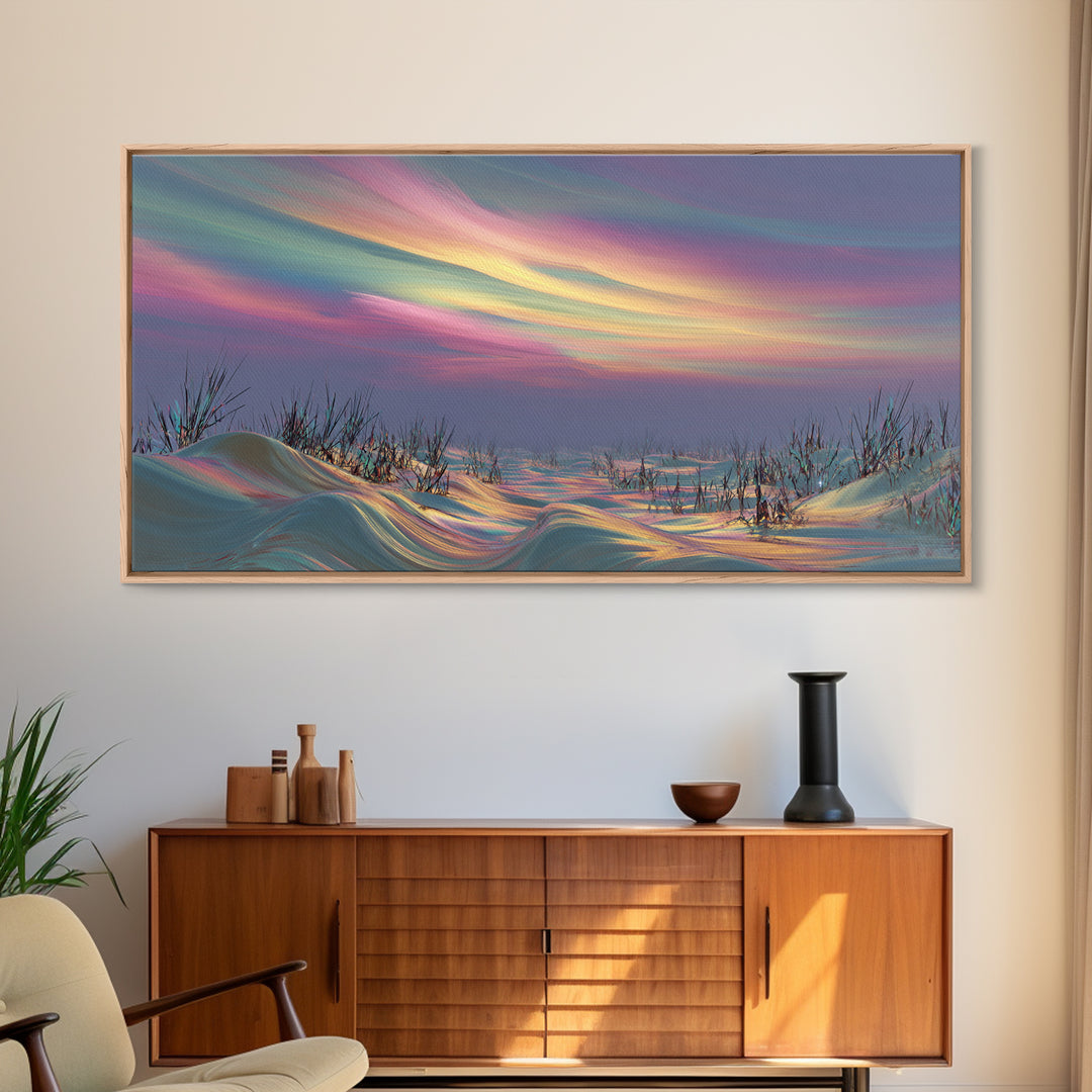 Vast Desert Prairie Landscape With Wagon And Distant Mountain Range Framed Canvas Print Rustic Wall Art For Country Home Decor