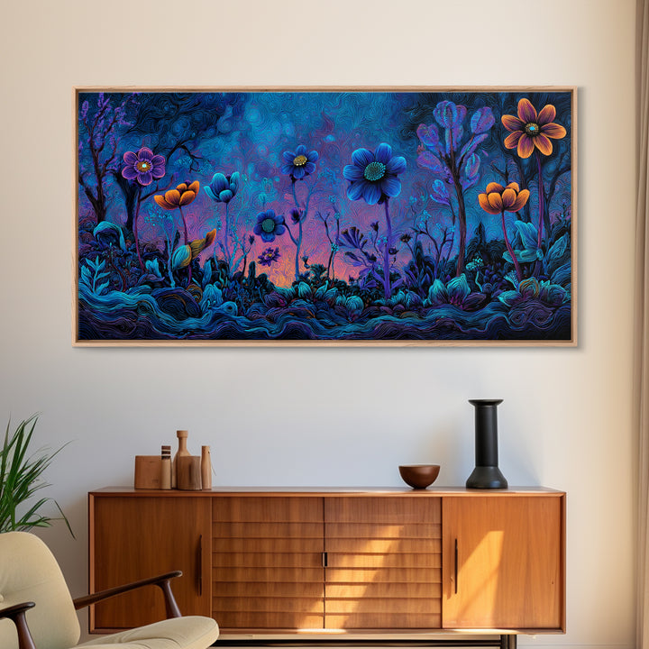 Whimsical Blue And Purple Flowers Digital Painting Vibrant Floral Wall Art Framed Canvas Print For Bedroom Or Living Room Decor