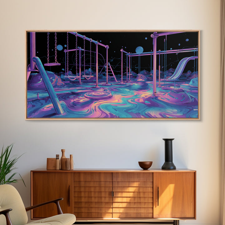 Surreal Neon Playground Illustration With Glowing Elements Wall Art Print, Vibrant Kids Room Decor, Modern Canvas Print