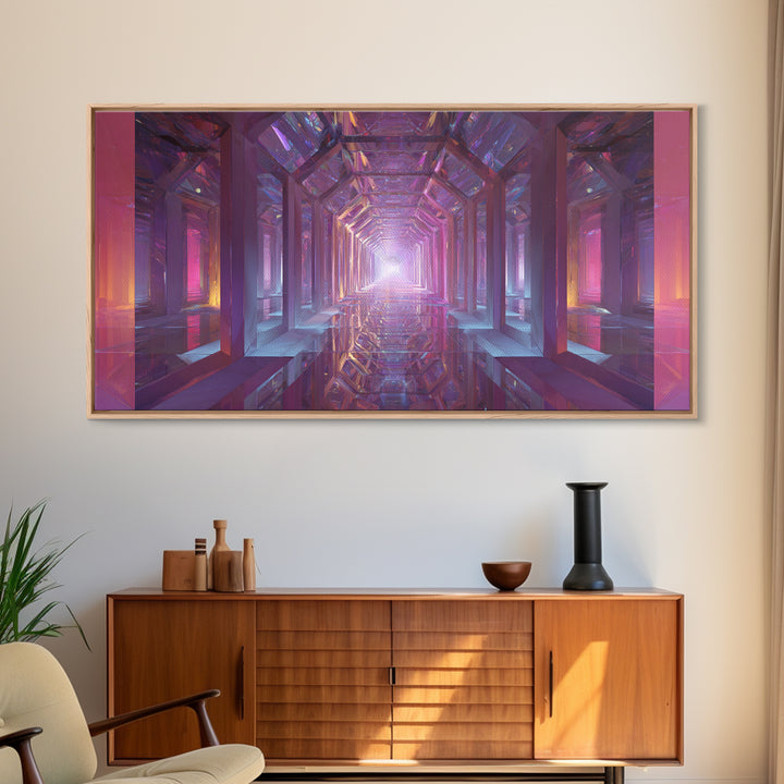 Futuristic Abstract Tunnel With Neon Lights And Mirrors Surreal Digital Art Wall Art Canvas Print